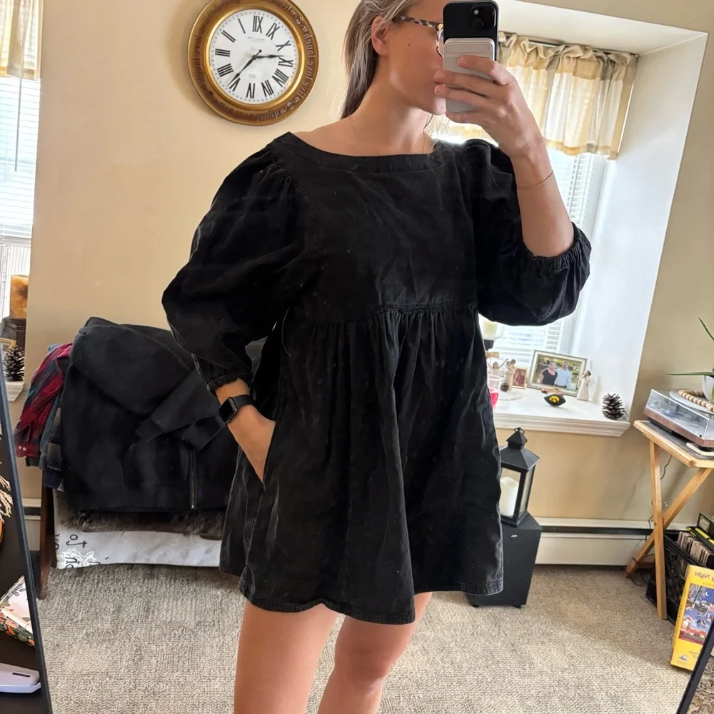 Free People | Women’s Size M | Black Denim Babydoll Dress with Puff Sleeves - Picture 2 of 7